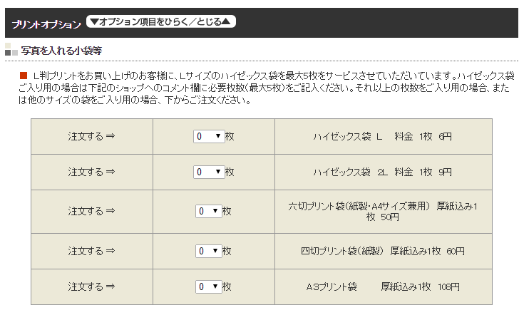 ハイゼックスはプリントオプションで指定できます