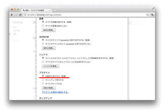 「プラグイン」の「自動的に実行する」